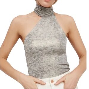 Free People Koda Grey Metallic Silver Cutaway Halter Turtleneck Tank Top Stretch